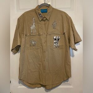 Ol’ Paint 100% Cotton XL Safari Camp Shirt Animals Gold Detail Embroidered Vtg
